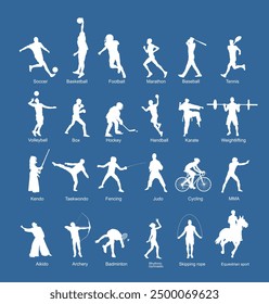 Sport man vector silhouette collection in different sport discipline. Set active sport people shape illustration. Athlete skills. Health care training and work out in gym, outdoor. Sportsman shadow.