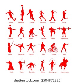 Sport man vector silhouette collection in different sport discipline. Set active sport people shape illustration. Athlete skills. Health care training and work out in gym, outdoor. Sportsman shadow.