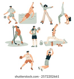 Sport with Man and Woman Character Engaged in Physical Activity Vector Set