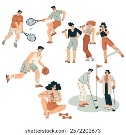 Sport with Man and Woman Character Engaged in Physical Activity Vector Set