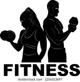 Sport. Man and woman in training. Fitness. Silhouette. Dumbbells. Logo. GYM. Bodybuilding.