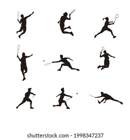 sport man and women athlete are playing badminton silhouette set isolated on white