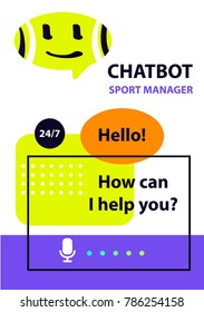 Sport manager. Concept robot chatbot. Sketch head avatar. Voice service chat bot, virtual online help customer support. Logo intelligence technology. 