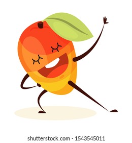 Sport mango dancing to music in the gym. Fruit with the face, happy character. Funny mango. Isolated flat vector illustration