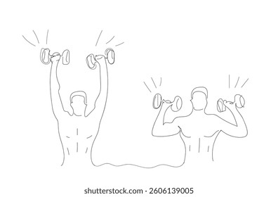Sport mans narcissist with sports dumbbells, admires himself on white background. Sport guy model line art drawing. Vector illustration Hand made vector not Al
