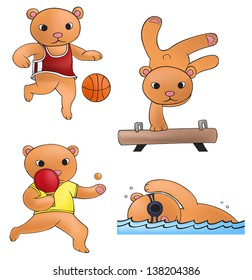 Sport mascot bear playing basketball gymnastic ping pong and swimming competition icon collection set 2, create by cartoon vector