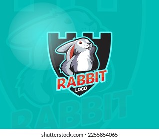 Sport mascot logo rabbit or bunny with shield smiling in vector illustration
