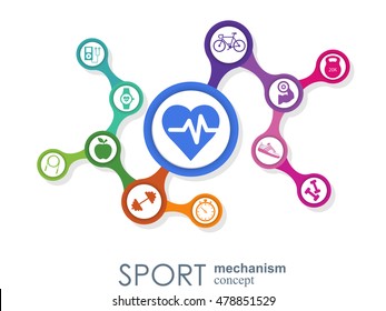 Sport mechanism concept. Football, basketball, volleyball, ball concepts. Abstract background with connected objects. Vector illustration.