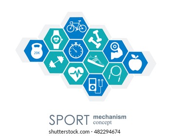Sport mechanism concept. Football, basketball, volleyball, ball concepts. Abstract background with connected objects. Vector illustration.