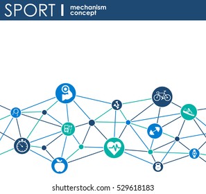 Sport mechanism concept. Football, basketball, volleyball, ball concepts. Abstract background with connected objects. Vector illustration.