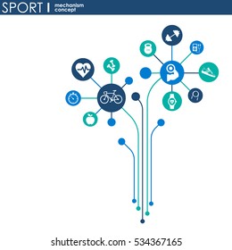 Sport mechanism concept. Football, basketball, volleyball, ball concepts. Abstract background with connected objects. Vector illustration.
