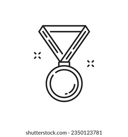 Sport medal on ribbon, line icon of champion winner trophy, vector prize. Golden, silver or bronze sport medal award or badge for victory, first place achievement or sport game medallion award