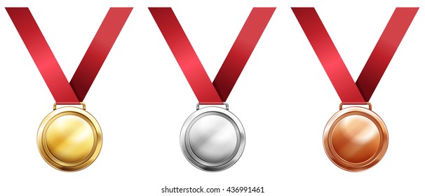 Sport medals with red ribbons illustration