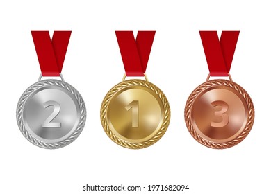 Sport medals. Set of bronze golden silver awards on red ribbons shiny achievement challenge prizes decent vector set isolated