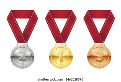 Sport medals set, reward, honor symbol in realistic style. Awards medals and trophies, achievement recognition. Vector  illustration