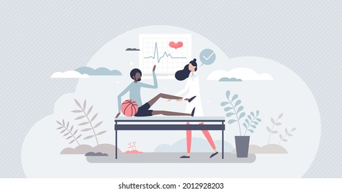 Sport medicine ar athlete injury treatment or health care tiny person concept. Medical help with cardiology, knee or ankle problems vector illustration. Physical pain consultation from specialist.