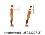 Sport Men doing exercise with wall push up plus posture. illustration about workouts at shoulder and arm muscles and spine.