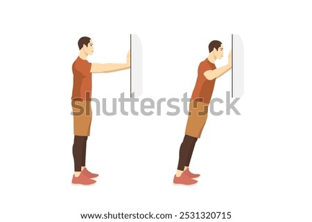 Sport Men doing exercise with wall push up plus posture. illustration about workouts at shoulder and arm muscles and spine.