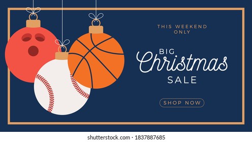 Sport Merry Christmas sale horizontal banner. Christmas card with sport basketbal, bowling and baseball balls hang on a thread on blue background. Flat and cartoon Vector illustration