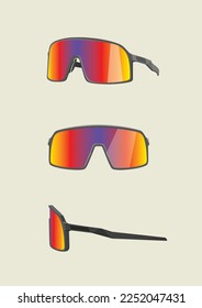 Sport mirror chrome sunglasses with black frame. Front, side and perspective view.