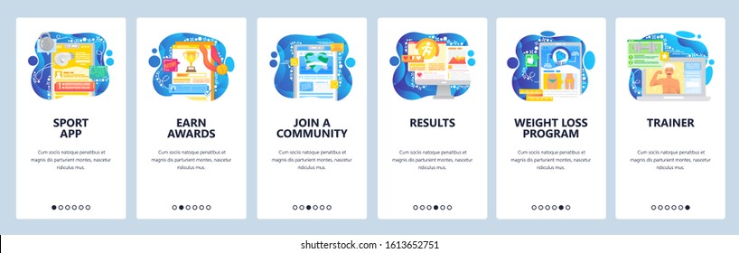 Sport mobile app, fitness community, tournament award, online trainer. Mobile app onboarding screens. Menu vector banner template for website and development. Web site design flat illustration.