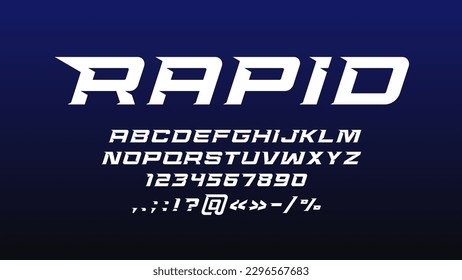 Sport modern font, strong bold type of futuristic typeface alphabet, vector, typography. Sport font with fast speed or dynamic effect numbers and letters, bold strong or fast gear motion typeset font