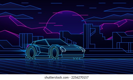 Sport modern outline car rides on abstract city and sunset background in laser arcade style game.