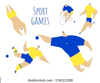 Deporte. 
Ilustración vectorial moderna con jugador de fútbol, jugador de baloncesto, nadador, ciclista para afiches, banner, impresión, diseño, postal, pegatina.