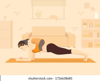 Sport Mom doing abdominal exercises with Plank workout on a mat by kid sleeping on her back in the living room. Illustration of the New normal about stay home lifestyle.