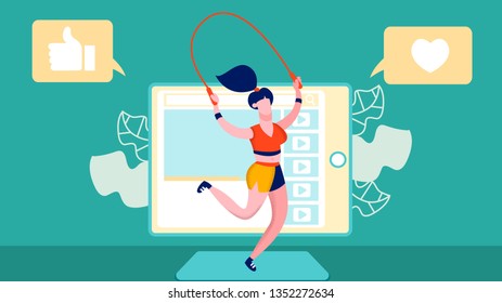 Sport Motivation Channel, Blog Vector Illustration. Sportswoman with Skipping rope Cartoon Character. Girl Working out, Jumping Rope. Physical Exercise. Social media Person. Online Blogging Business