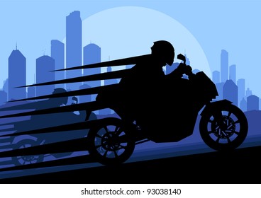 Sport motorbike riders motorcycle silhouettes in skyscraper city landscape background illustration vector