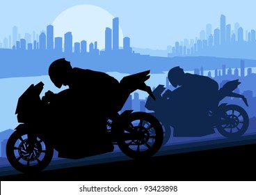Sport motorbike riders motorcycle silhouettes in skyscraper city landscape background illustration vector