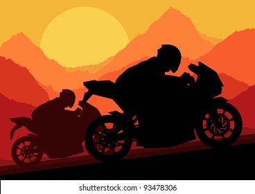 Sport motorbike riders motorcycle silhouettes in wild mountain landscape background illustration vector