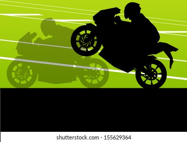 Sport motorbike riders and motorcycles silhouettes illustration background vector