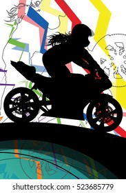 Sport motorbike riders and motorcycles silhouettes abstract illustration background vector