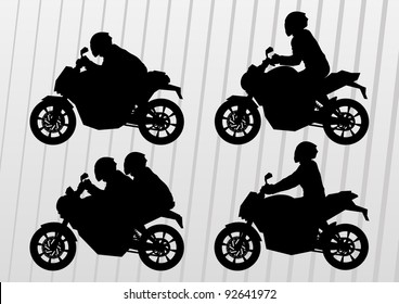 Sport motorbike riders and motorcycles silhouettes illustration collection background vector