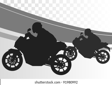 Sport motorbike riders silhouettes in urban city landscape background illustration vector