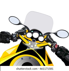 Sport motorcycle first person view. POV yellow motorbike. Vector illustration. Isolated on white.