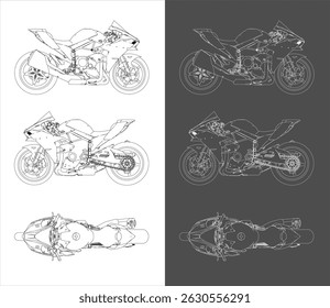 Motocicleta de esporte Hyperbike de alto desempenho 4 cilindros em linha DOHC 3D linha técnica desenho blueprint vetor. Plano de fundo isolado