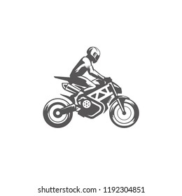 Sport motorcycle with rider silhouette isolated on white background vector illustration. Vector moto bike graphics illustration.