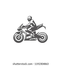 Sport motorcycle with rider silhouette isolated on white background vector illustration. Vector moto bike graphics illustration.