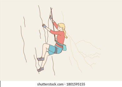 Deporte, montañismo, turismo, aventura, peligro, concepto de actividad. Caricatura de una joven atleta escalando roca o montaña. Esparcimiento activo o hobby e ilustración extrema del estilo de vida