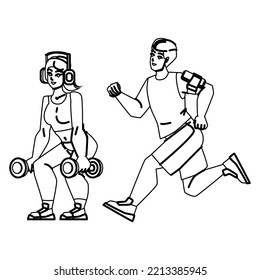 sport music line pencil drawing vector. lifestyle workout, exercise people, athlete training sport music character. people Illustration