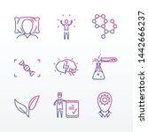 sport nature bio hacking dna science research medicine healthcare diagnostics hormone molecule chemistry lab tube brain mind energy man doctor recovery night sleep vector gradient thin line icon set
