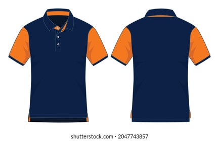 Sport navy blue-orange short sleeve polo shirt design vector on white background.Front and back view.
