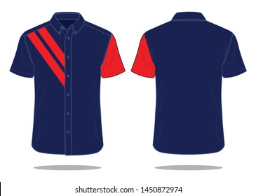 Sport Navy Blue-Red Technician Shirt With Double Red Tape On Chest Right Pattern Design Vector.Front and Back View.
