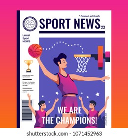 Sport News Magazine Color Cover With Basketball Team Became Champions Flat Vector Illustration