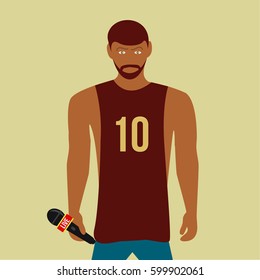 sport news on flat design with a model handsome man holding a one mic. basketball player with ten number On his undershirt & single mike or microphone in tv