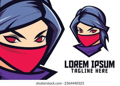 Sport and Esport’s Ninja Girl Mascot Head Logo: A Shadow Warrior Template and Masked Woman Icon Badge Emblem