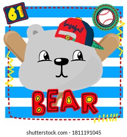 Sport And number typography design with cute bear baseball player holding bat on striped Blue background illustration vector.